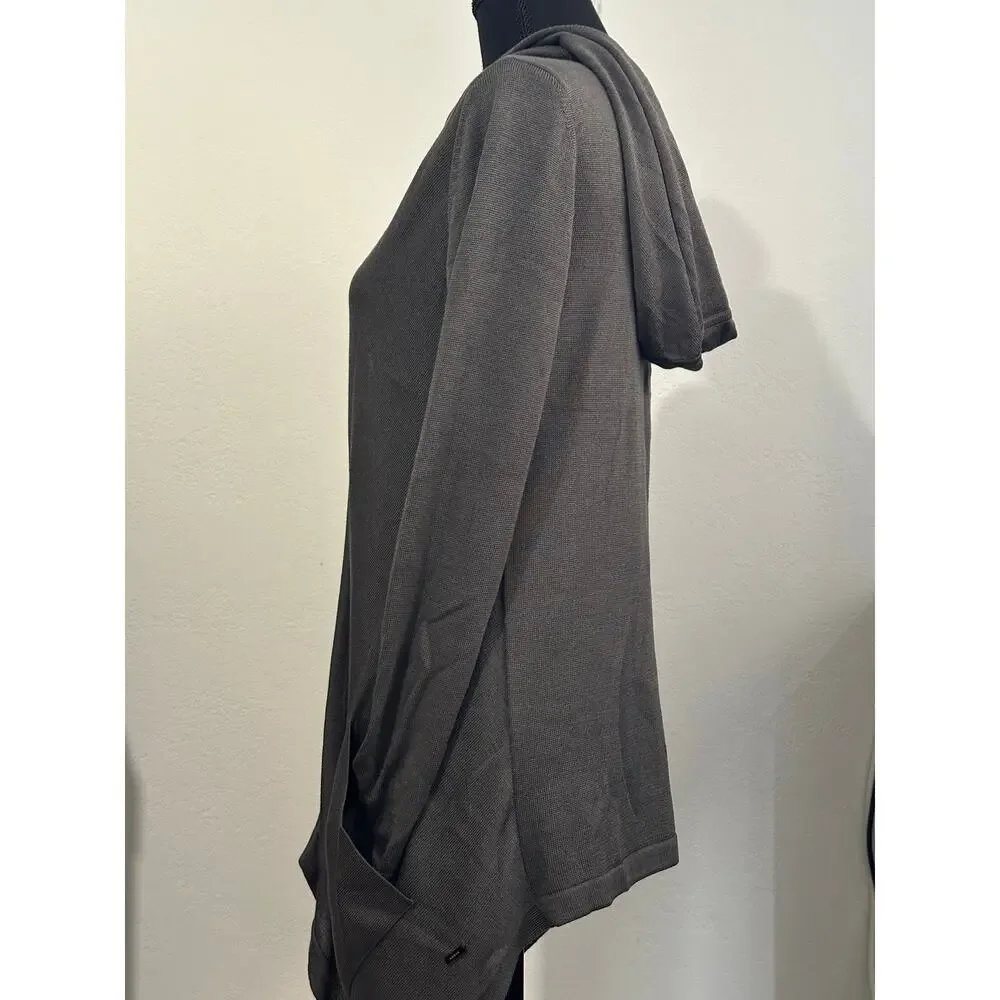 Akris Charcoal Silk Knit Hooded Waterfall Cardigan size US 4 Shark tooth Hem